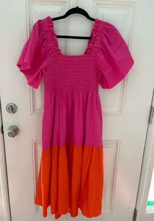 CROSBY by Mollie Burch Haskell Dress Size Medium in Mollie Pink/Aperol Spritz thumbnail 1
