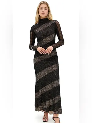 Alice + Olivia Black Nude Size 4 Lace Panel Long Sleeve Fitted Maxi Dress Gown thumbnail 2