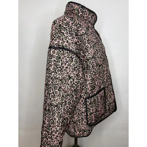 Floral Quilted Puffer Jacket Pink Green Black Open Front Pockets Large thumbnail 4