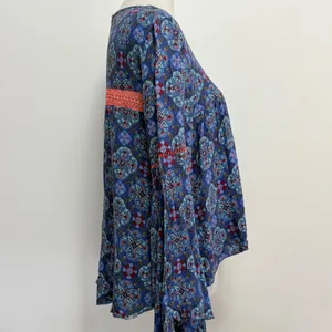 Hollister Bell Sleeve Blouse Large Blue Medallion Boho Crochet Trim Top thumbnail 5