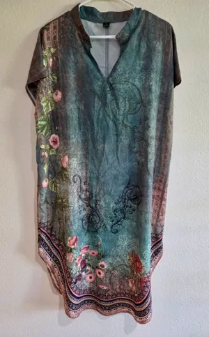 Vintage Floral Border Print V-Neck Kaftan Shift Dress Sage Teal XL W-251 thumbnail 1