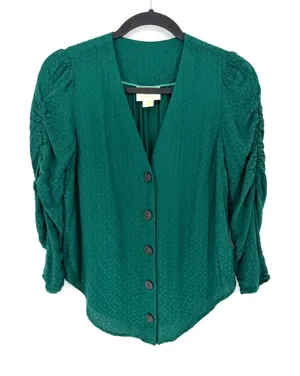 Maeve Anthropologie Emerald Green‎ Jacquard Ruched Puff Sleeve Blouse Size 0 thumbnail 1