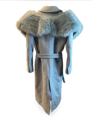 Zara Manteco Blue Wool Blend Coat with Fur Trim Size L #manteco #luxury thumbnail 3