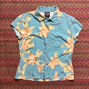 Harley Davidson Motorcycles Hawaiian Flower Button Up Silk Shirt thumbnail 1
