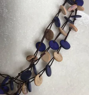 Triple strand earth tones flat wooden circle necklace rustic boho hippie thumbnail 2