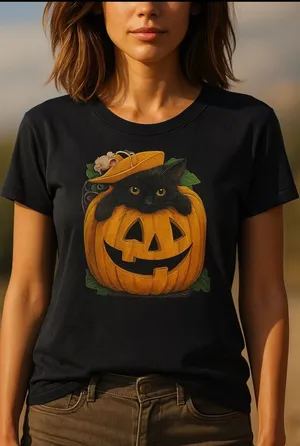 Soffe Vintage Halloween Black Cat Pumpkin Graphic Tee shirt Tshirt thumbnail 1