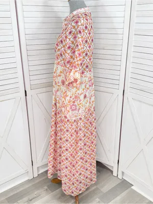 Dolma Kelly Floral Boho Tiered Midi Dress Pink Orange Large Cotton Mosaic thumbnail 3