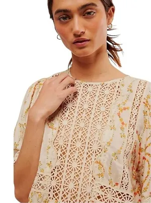 Free People Bali Tate Blousy Bodysuit Floral Top Tapioca Boho‎ Crochet XS thumbnail 1