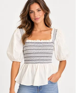 Something Navy Smocked Puff Shoulder Top Womens Small White NEW Embroidered thumbnail 1