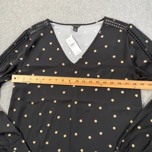Ann Taylor Women's Medium Black Beige Polka Dot V-Neck Blouse Top Lace Trim New thumbnail 7