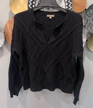 Lilla P Womens Black Diamond Textured Knit Split Neck Sweater Size S PA1929‎ thumbnail 1