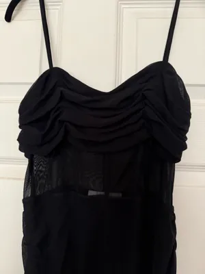 Women's Black Ruched Mesh Mini Dress - Elegant Evening Spaghetti Strap thumbnail 4