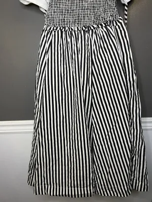 Maeve Anthropologie Dress Womens Petite Medium Black White Striped Smocked Midi thumbnail 8