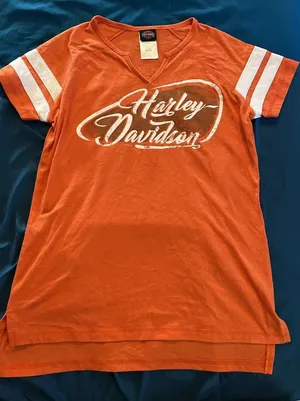 Harley Davidson T Shirt Orange & White Striped Sleeves Women XS Baton Rouge LA thumbnail 1