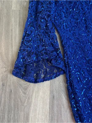 Marina Blue Sequin Lace Dress Size 12 Bell Sleeve Cocktail NWT thumbnail 3