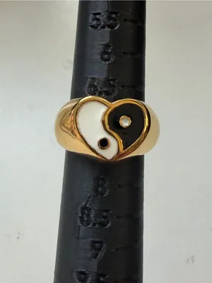 Gold Heart Yin Yang Enamel Ring - Black & White thumbnail 2
