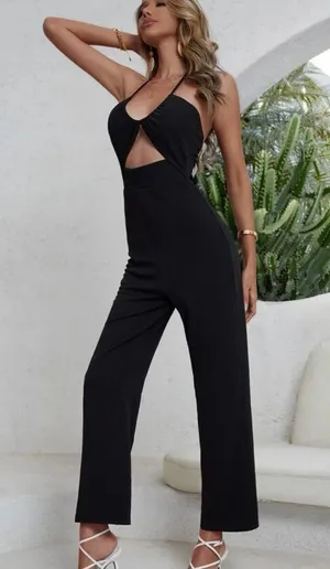 black front open cut jumpsuit open halter back Size M thumbnail 3