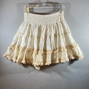 1055 | Boho‎ Madrid Tiered Lace Metallic Embroidered Gauze Mini Skirt Cream OS thumbnail 2