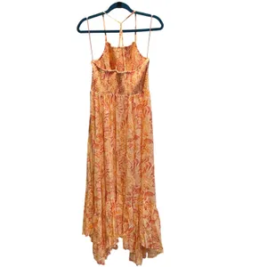Free People Dusk Coral Combo Smocked Maxi Dress Floral Print‎ Halter Style Large thumbnail 6