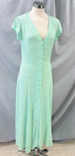 Aura Womens Mint Green Floral Button‎ Front Maxi Dress Cap Sleeve Pockets XS thumbnail 1