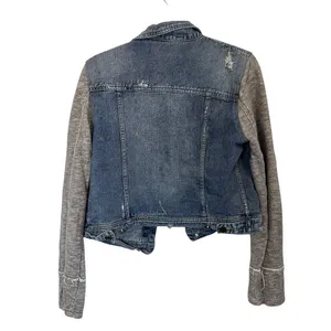 Free People Distressed Denim Jacket Mixed Fabric Knit Sleeve Moto Trucker Size M thumbnail 3