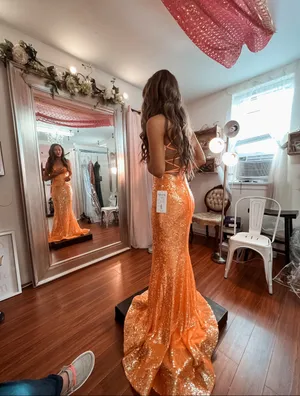 Ellie Wilde Bright Orange Sequin Prom Dress thumbnail 4