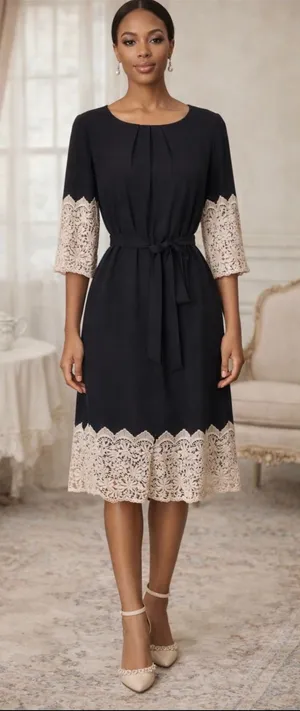 Gianni Bini Black Lace Trim Belted Dress Romantic Chic Feminine Aesthetic Small‎ thumbnail 1