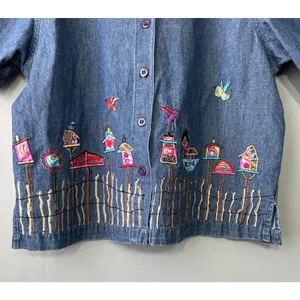 Sarah Studio Denim Button Up Shirt Size XL Embroidered Blue Birdhouse Garden thumbnail 3