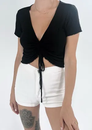 Garage Black Ribbed Drawstring V-Neckline Short Sleeve Top Size Large thumbnail 1