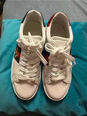 Gucci White Leather Sneakers with Red and Black Heel Tabs and Green-Red Web thumbnail 1