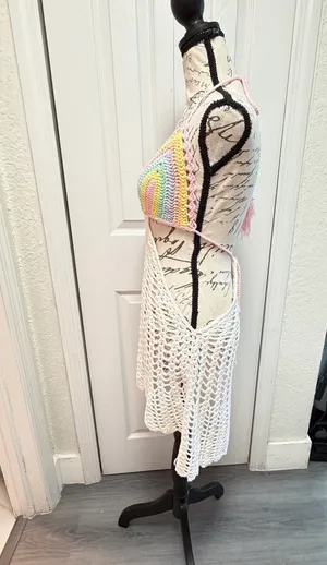 Love Tease ✨ Love Sense Crochet Rainbow Halter Mini Dress Cover Up S/M Pastel Festival Boho ✨ thumbnail 6