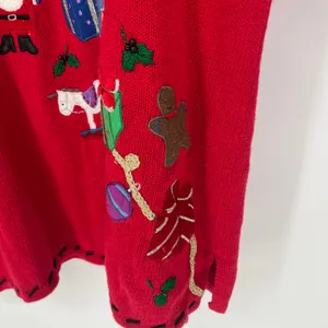 Vintage Red Christmas Sweater Embroidered Santa Toys Gifts Holiday Pullover thumbnail 7