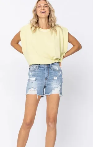 Women’s Judy Blue Denim Frayed Paint Splash Shorts Size L thumbnail 1