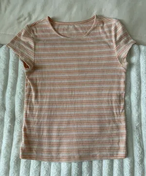 American Eagle Outfitters Peach & White Striped Short Sleeve Tee thumbnail 1