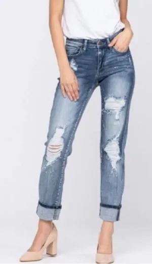 Judy Blue Bleach Splatter Destroyed Boyfriend Jeans JB82169LT Size 13/31 thumbnail 1