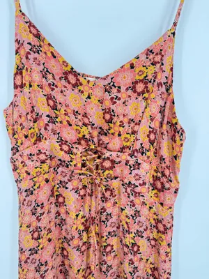 Rewind Women's Pink Multi Floral Sundress Small Midi Spaghetti Strap Slit Front thumbnail 2