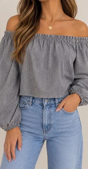 Brandy Melville Pinstripe Off Shoulder Top Black White Long Sleeve thumbnail 1