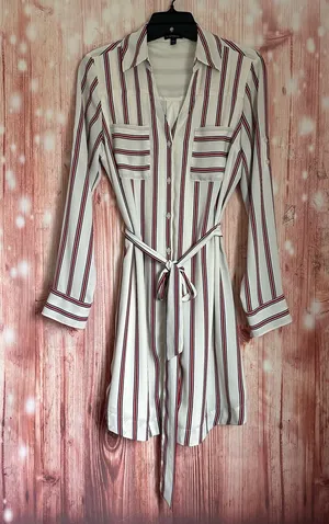Express Outlet White Convertible Sleeve Red Striped Long Sleeve Shirt Dress Sz S thumbnail 1