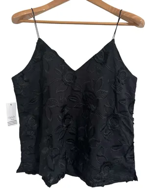 Ophelia Roe Black Floral Embroidery Appliqué Spaghetti Strap Tank Top/Camisole M thumbnail 2