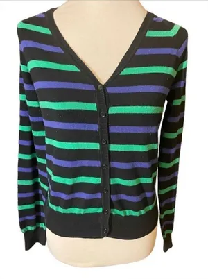 XXI Womens Cardigan Sweater Stripe Long Sleeve Button Front V Neck Blue Large thumbnail 1