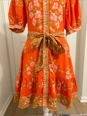 A Loves A Floral Puff-Sleeve Orange Belted Linen Mini Dress New Size Small thumbnail 9