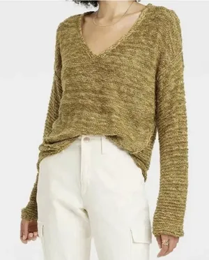 Universal Threads L Women’s Olive Marled 100% Cotton V-Neck Knit Sweater thumbnail 1