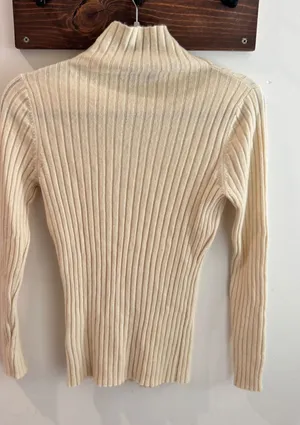 Invisible World Juneau Alaska 100% Cashmere Ribbed Mock Neck Sweater Cream Small thumbnail 1