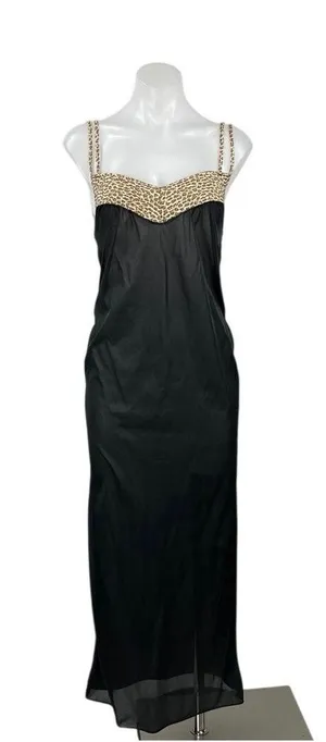 Women's Black Leopard Sleeveless Sheer Mesh Tank Cami Maxi Slip Dress Size M thumbnail 1