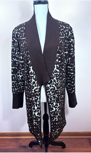 One A Cheetah Animal Print Open Front Cardigan Shawl Collar Longline Brown L XL thumbnail 1