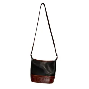 Brighton Judy Little Mini Vintage Leather Bucket Crossbody Bag Black Brown thumbnail 2