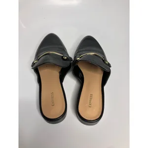 Express Mules Women 7.5 Black Excellent Gold Bar Slip On Pointed Toe Loafers thumbnail 4