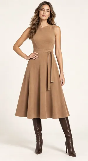 Calvin Klein NWT Sleeveless Belted Faux Suede Fit & Flare Midi Dress - tan thumbnail 1