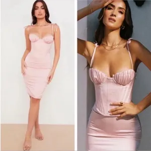 HOUSE OF CB‎ 'Alma' Blush Pink Satin Corset Midi Dress NWOT size S thumbnail 2