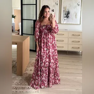 NWT Storia floral maxi dress wedding guest puff sleeve square neck burgundy thumbnail 8